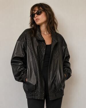 Vintage A.D.A. Black Leather Mock Croc Moto Jacket Women’s M Oversized